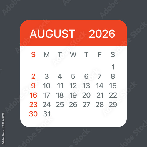 August 2026 Calendar Leaf - Vector template graphic Illustration