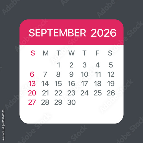 September 2026 Calendar Leaf - Vector template graphic Illustration