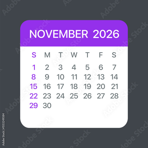 November 2026 Calendar Leaf - Vector template graphic Illustration
