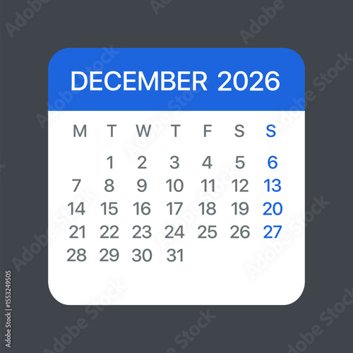 December 2026 Calendar Leaf - Vector template graphic Illustration