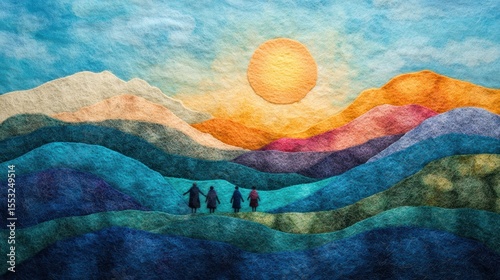 Majestic felt landscape with hiking figures under the warm sun evoking peace and serenity a calming nature scene