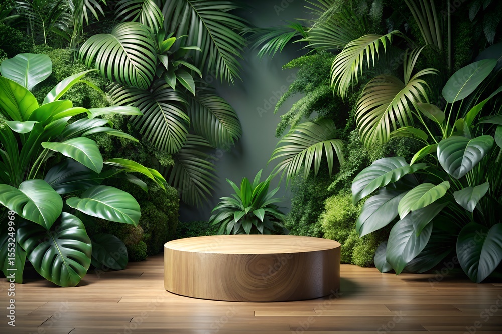 Obraz premium A round wooden podium is surrounded by lush tropical plants