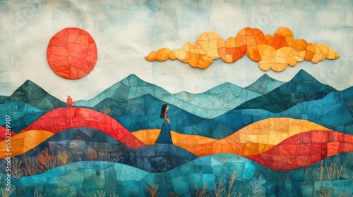 Serene quilted tapestry of rolling mountains vibrant sunset and a solitary woman evoking peace harmony and natural beauty