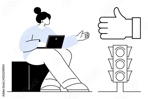 Woman sitting with laptop, gesturing while engaged in conversation, next to traffic light and thumbs up. Ideal for teamwork, creativity, communication, decision-making, guidance, leadership simple