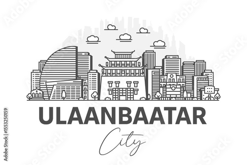 Ulaanbaatar, Mongolia architecture line skyline illustration with shadows. Linear vector cityscape with famous landmarks, city sights, design icons.