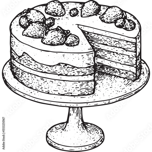 Hand-drawn sketch of a layered cake slice on a decorative stand, featuring cream and berries, rendered in detailed black-and-white ink with a vintage bakery aesthetic