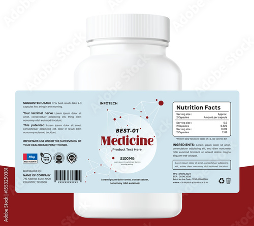 Unique modern scientific research in medicine, food packaging, and health focuses on creative design and minimal supplement label branding.