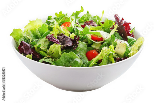Fresh salad in white bowl with lettuce, tomatoes, and greens, healthy food photography, isolated on transparent background