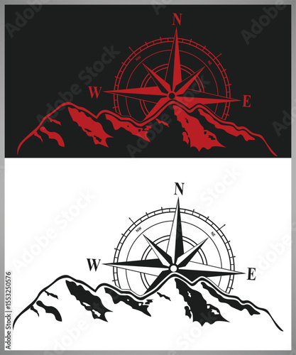 Compass Rose and Mountain Range Graphic in Two Color Variations