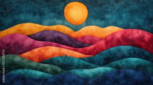 Dramatic Colorful Mountains Under a Large Orange Sun a Serene Scene with Small People and Textured Canvas