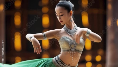 Graceful Dancer in Motion: A stunning ballerina glides across the dance floor, showcasing a beautiful blend of movement and artistry. The scene highlights her elegant form and passionate dedication. 