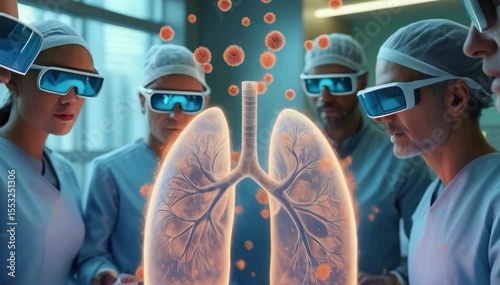 Doctors in Augmented Reality Examination: A team of skilled medical professionals, immersed in cutting-edge augmented reality, delves into a detailed examination of a pair of lungs.
