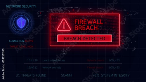 High-tech dashboard interface displays a firewall breach alert, showing unauthorized access, digital threat indicators, and cybersecurity warning signals for IT monitoring use.