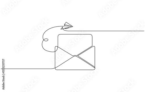 Flying Paper plane and mail. One continuous line drawing mail of paper. Symbol of business, Editable one line flying paper airplane and mail. Concept of sending emails outline.