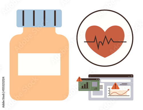 Medicine bottle, cardiac heartbeat line, and warning-labeled data charts emphasize health, medication, risk, and wellness monitoring. Ideal for healthcare, prevention, research analysis medication