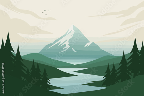 Minimalist Digital Illustration Serene Mountain Landscape with River