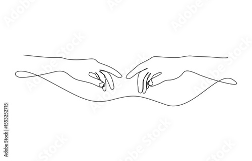 Two hands reaching out towards each other drawn by continuous one line, Two hands reach out to each other. Fragment of a painting. One line vector illustration. Editable outline