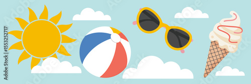 Sunny Summer Fun A Flat-Vector Illustration Showcasing Beach Ball, Sunglasses, Ice Cream, and Sunshine