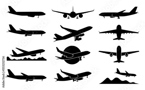 A Set of 12 Black and White Aircraft Silhouettes Perfect for Aviation Designs