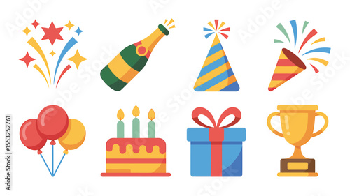 A Set of 8 Flat Design Party and Celebration Icons Perfect for Invitations and Decorations