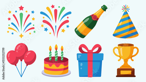 A Set of Eight Flat Design Celebration Icons Fireworks, Cake, Balloons, and More!
