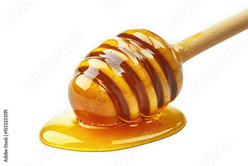 Golden honey dripping from wooden honey dipper, sweet and delicious, food ingredient, honeycomb, isolated on transparent background