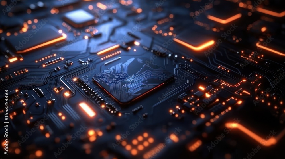 Obraz premium Close-up of a dark electronic circuit board with glowing orange lights and intricate pathways highlighting the technology and complexity