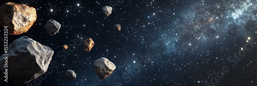 Large asteroids floating in the immensity of space with a spiral galaxy and bright stars in the background creating a breathtaking cosmic scene