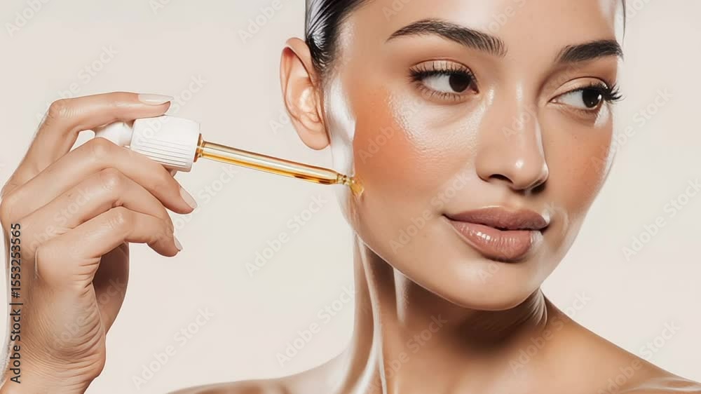 Woman applying facial serum with dropper for skincare routine