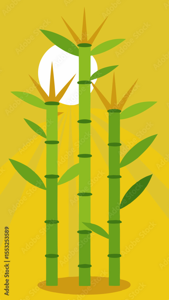 Fototapeta premium Stylized green bamboo stalks with leaves against a bright yellow sunburst background