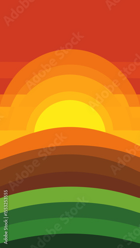 Stylized abstract landscape with a vibrant sunset over rolling hills and green fields
