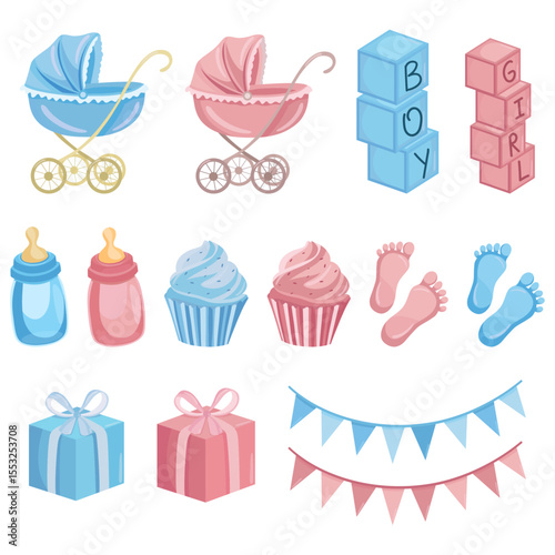 Gender reveal cute baby elements Pink and blue stroller pacifier steps presents