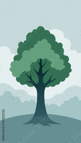 Stylized green tree with lush canopy against a cloudy sky
