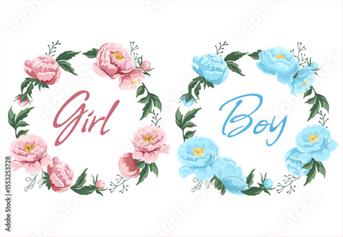 Floral design Boy or girl Pink and blue peonies Gender reveal party