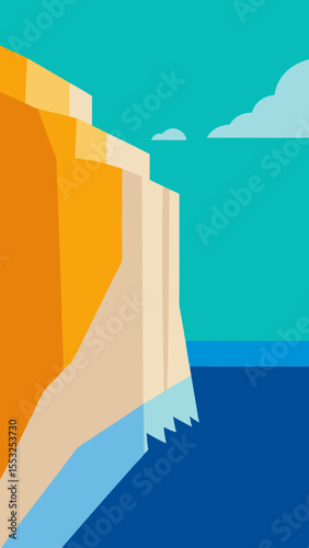 Abstract geometric depiction of a cliff face meeting the ocean under a blue sky