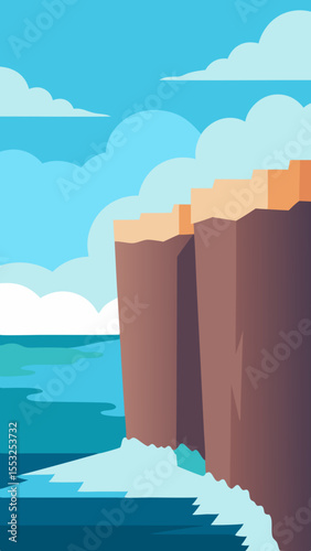 Stylized illustration of dramatic cliffs meeting the ocean with crashing waves and clouds