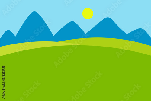Landscape banner with mountains, green grass field, sun, blue sky for text. Hand drawn vector summer abstract background horizontal illustration. Card border sunny weather, summertime, idyllic nature