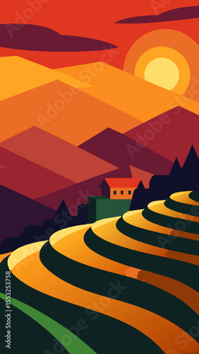 Stylized sunset over vibrant terraced hills with a small house