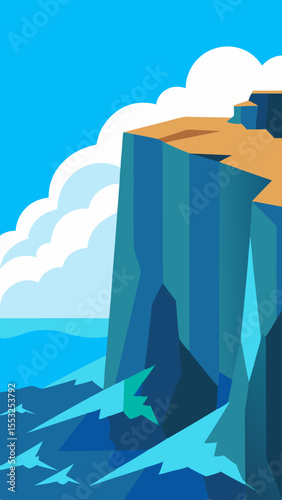 Stylized illustration of a dramatic blue cliff overlooking a choppy ocean under a bright blue sky