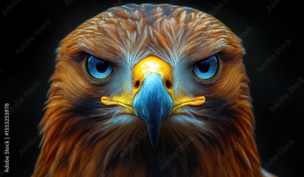 Fototapeta premium Close-up of a fierce eagle with sharp blue eyes and a bright yellow beak against a dark background, conveying intensity and focus
