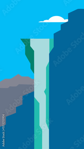 Stylized illustration of a tall waterfall cascading down a steep cliff face