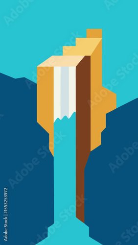 Stylized illustration of a waterfall cascading down a cliff face into a pool