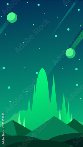 Abstract alien landscape with glowing mountains and celestial bodies in green hues