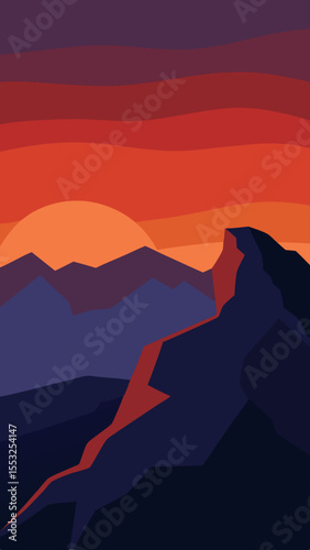 Vibrant sunset over layered mountain peaks in a minimalist geometric style