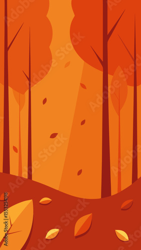 Stylized autumn forest scene with falling leaves and warm orange hues