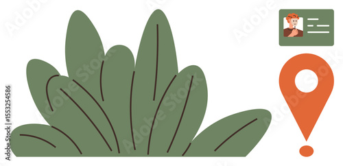 Green foliage beside an orange geolocation marker and ID card highlighting identity, nature, and location. Ideal for navigation, identification, environment, travel, mapping, apps security concepts