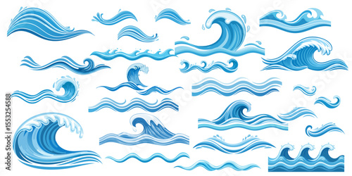 Oceanic Rhythms: Collection of stylized illustrations of water waves showcases the dynamic flow and mesmerizing beauty of aquatic elements, perfect for designs evoking motion and fluidity.