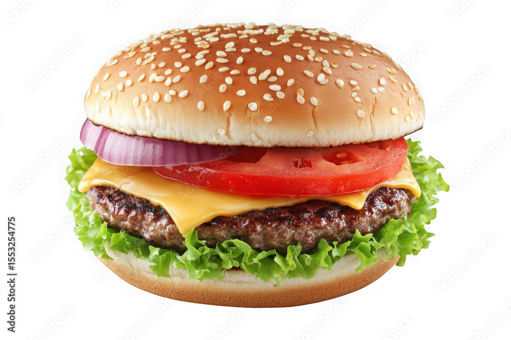 Delicious hamburger with beef patty, cheese, lettuce, tomato, and onion png image for download, isolated on transparent background Delicious hamburger with beef patty, cheese, lettuce, tomato, and onion png image for download, isolated on transparent background