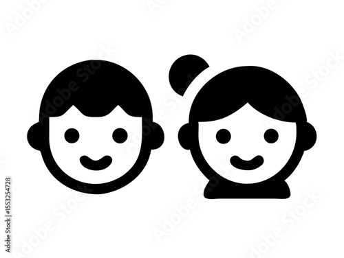 Happy Boy and Girl Icons, Perfect for Education or Children's Content. Simple, black and white icons of a happy boy and girl, ideal for educational resources, children's websites, or applications. 