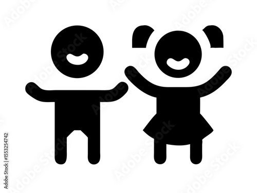Happy Boy and Girl Icons, Perfect for Education or Children's Content. Simple, black and white icons of a happy boy and girl, ideal for educational resources, children's websites, or applications. 